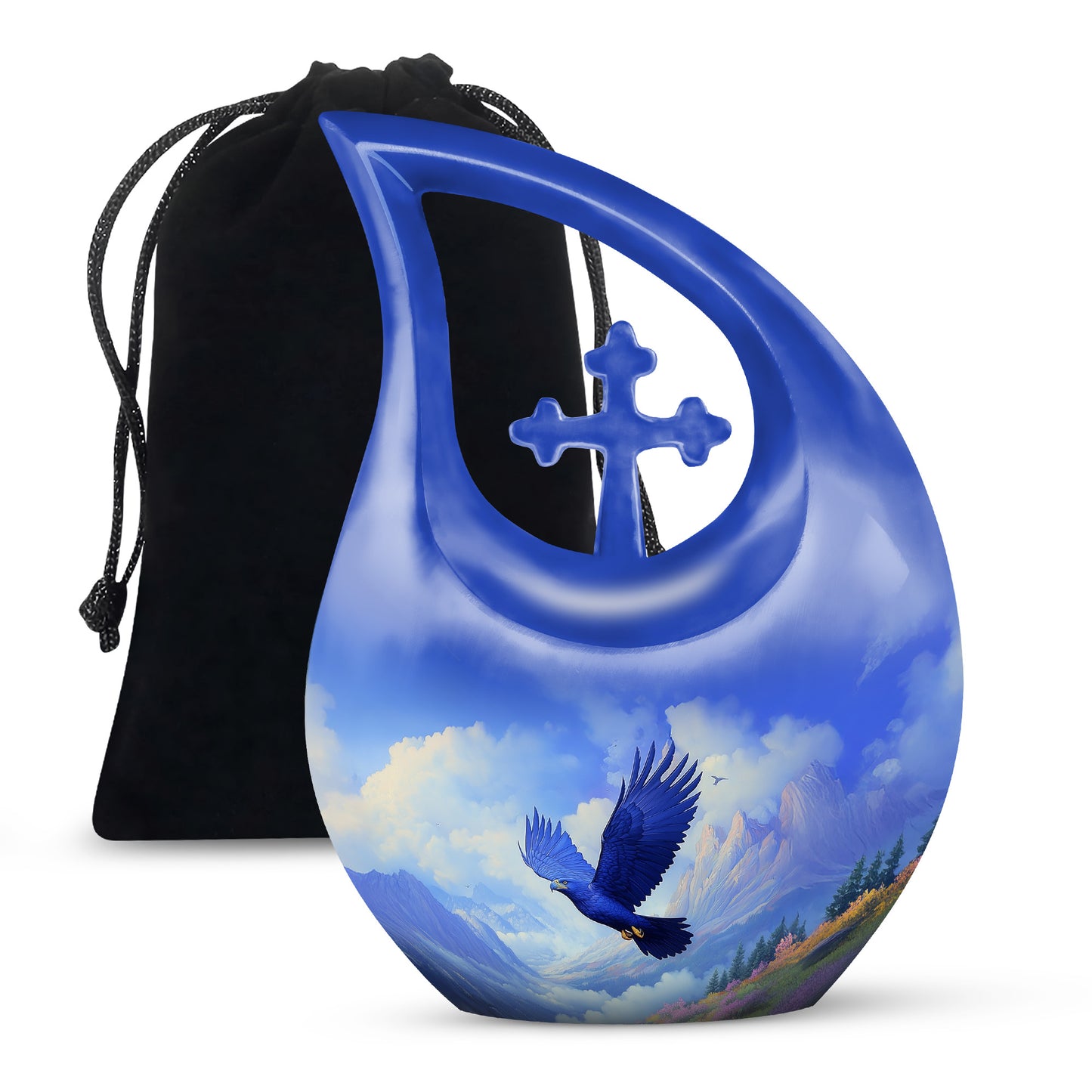Sky Blue Eagle Cremation Urn top-down view of secure threaded lid - sacred cross merged with eagle motif on metal - full-size 10 inch 200 cubic inch adult cremation urn
