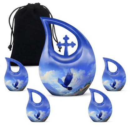 Bright Blue Eagle Cremation Urn urn with complimentary velvet bag - faith-inspired cross-drop urn with eagle pattern - memorial set with one large and four small urns