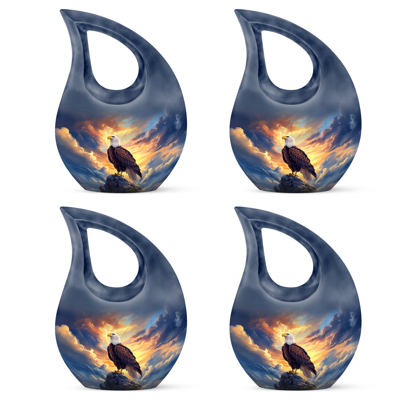 Indigo Eagle Cremation Urn lifestyle display on memorial shelf - sacred cross merged with eagle motif on metal - 10 inch aluminum urn for cremated remains