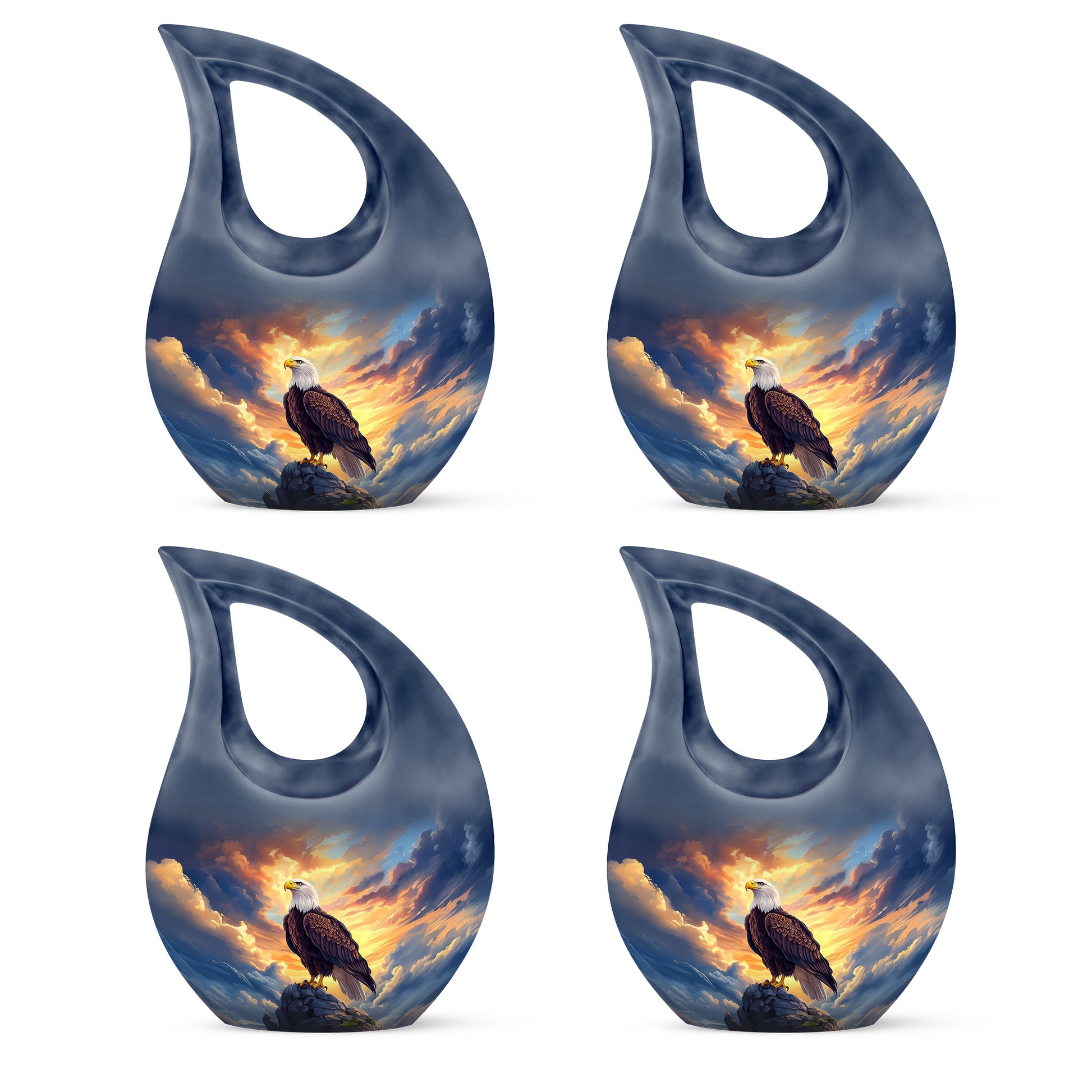 Indigo Eagle Cremation Urn lifestyle display on memorial shelf - sacred cross merged with eagle motif on metal - 10 inch aluminum urn for cremated remains