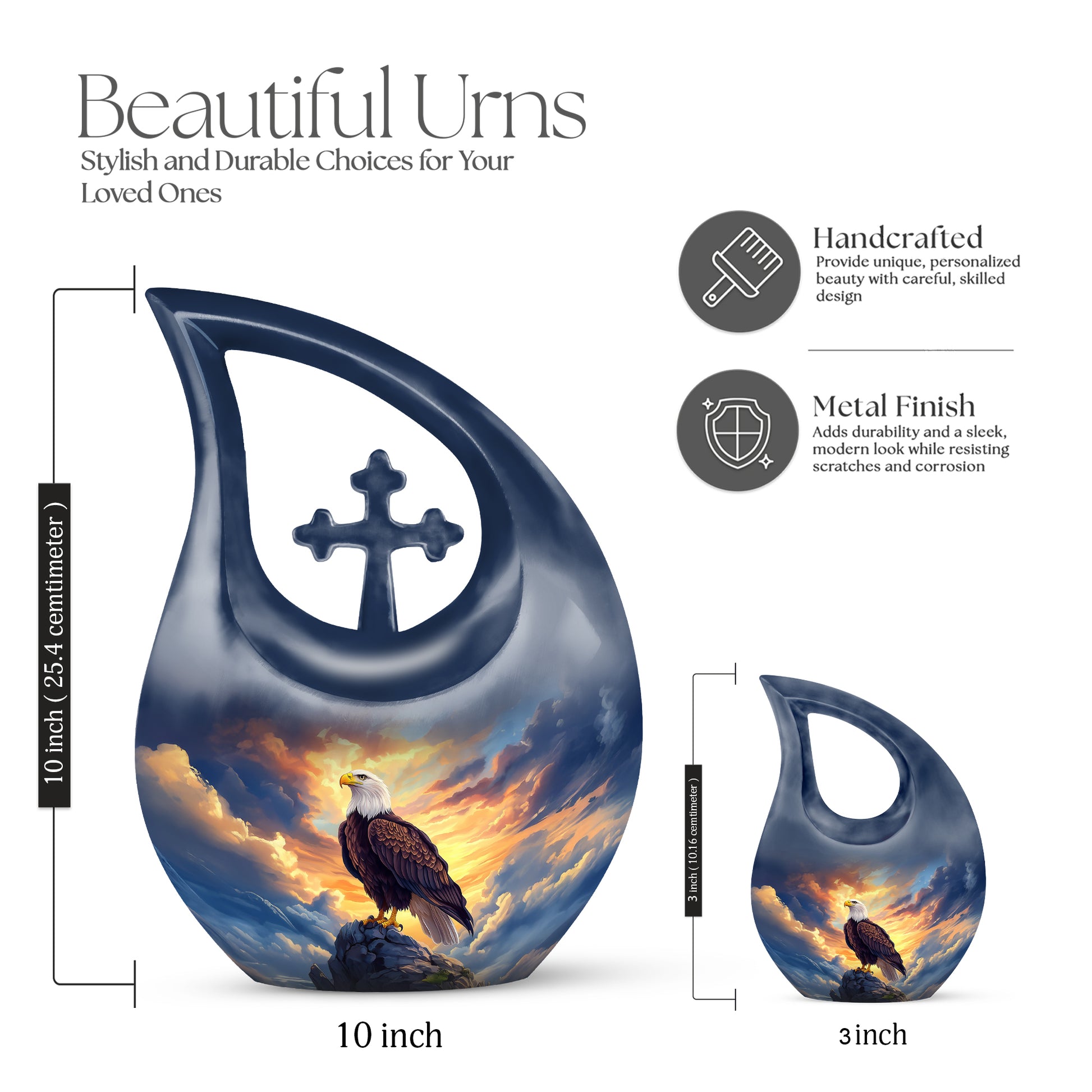 Navy Blue Eagle Cremation Urn back view with polished surface - sacred cross merged with eagle motif on metal - mini keepsake memorial for portion of cremation ashes