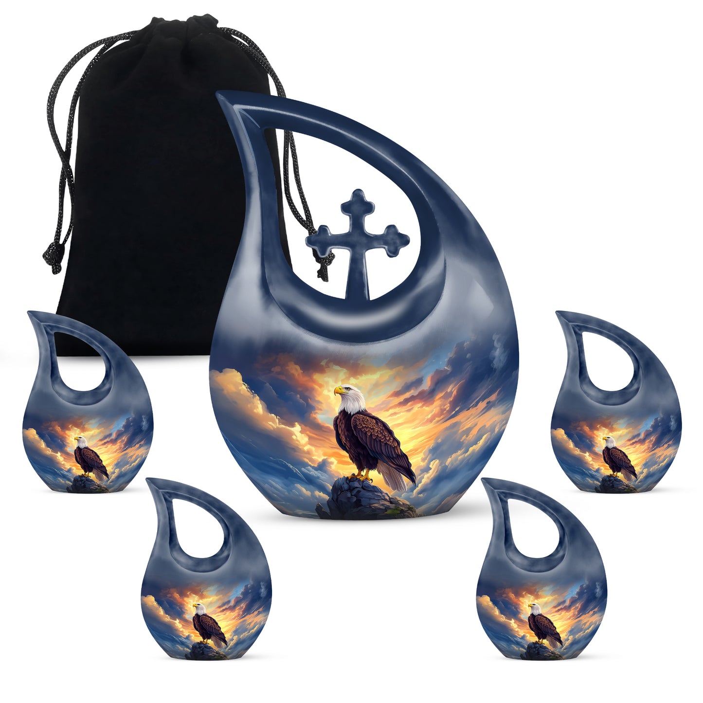 Cornflower Blue Eagle Cremation Urn urn with complimentary velvet bag - faith-inspired cross-drop urn with eagle pattern - memorial set with one large and four small urns