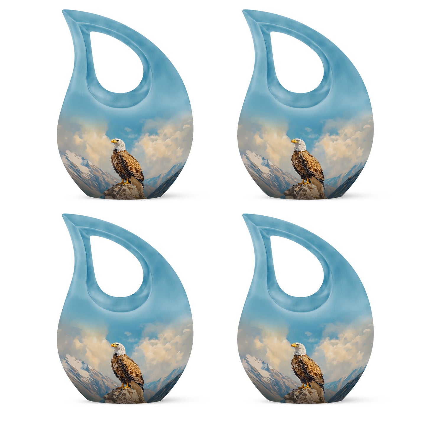 Soft Blue Eagle Cremation Urn lifestyle display on memorial shelf - faith-inspired cross-drop urn with eagle pattern - 10 inch aluminum urn for cremated remains