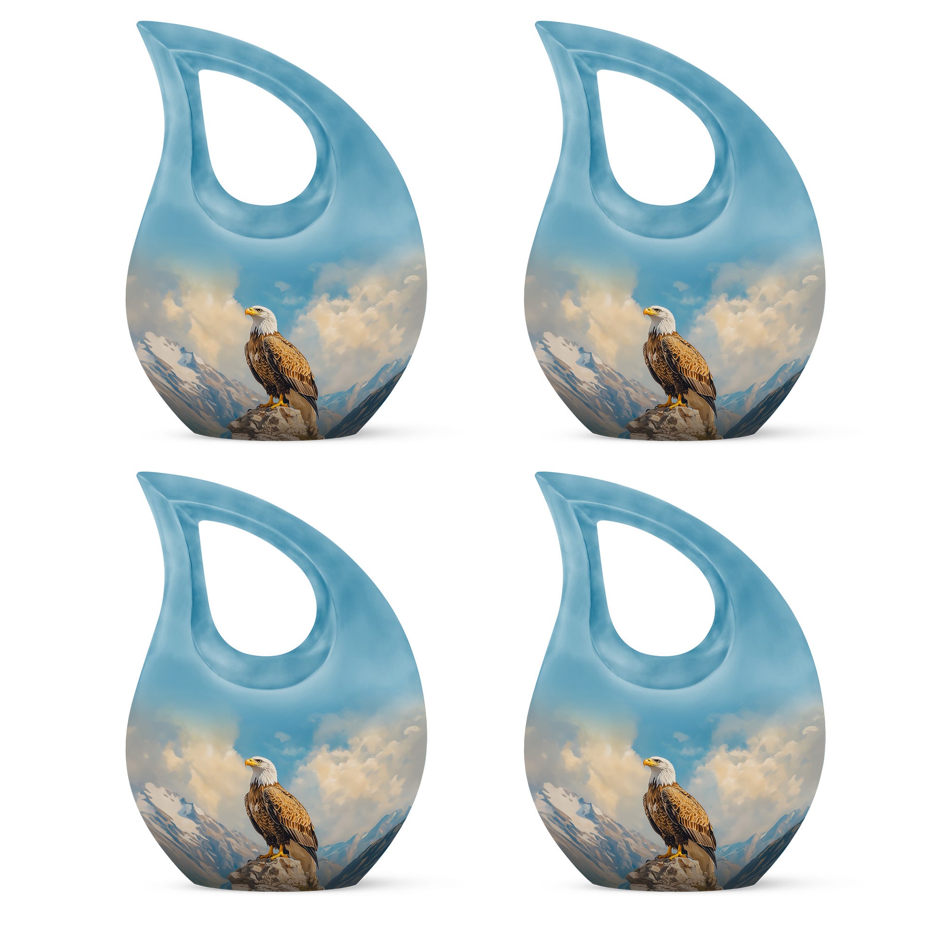 Soft Blue Eagle Cremation Urn lifestyle display on memorial shelf - faith-inspired cross-drop urn with eagle pattern - 10 inch aluminum urn for cremated remains