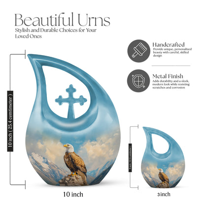 Soft Blue Eagle Cremation Urn back view with polished surface - devotional cross-drop eagle engraving - mini keepsake memorial for portion of cremation ashes