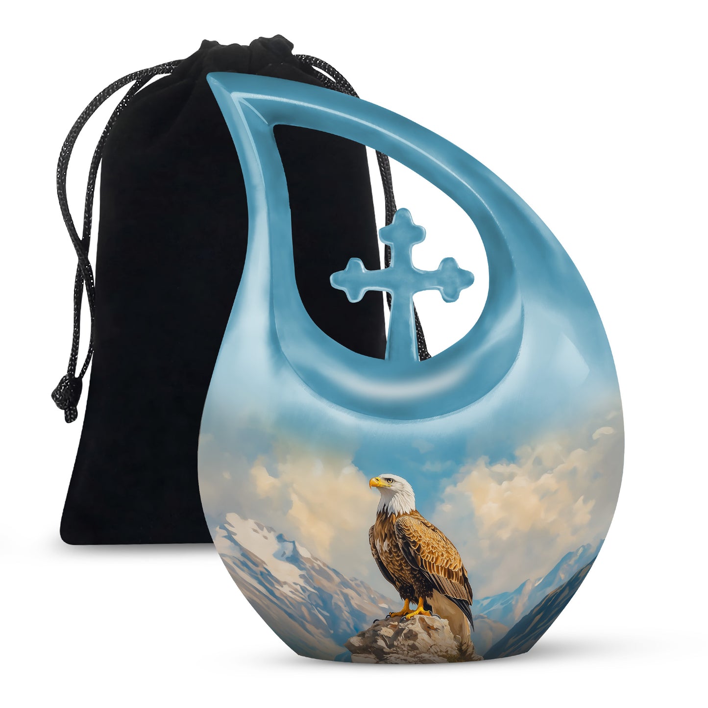 Navy Blue Eagle Cremation Urn top-down view of secure threaded lid - sacred cross merged with eagle motif on metal - full-size 10 inch 200 cubic inch adult cremation urn