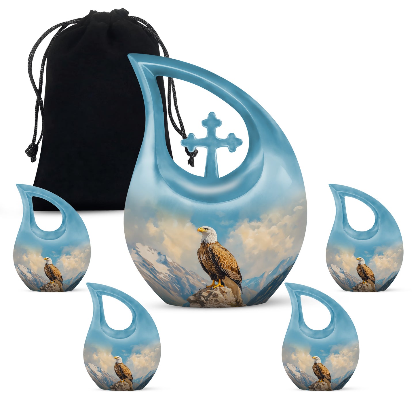 Slate Blue Eagle Cremation Urn urn with complimentary velvet bag - cross and eagle combined in spiritual memorial design - memorial set with one large and four small urns