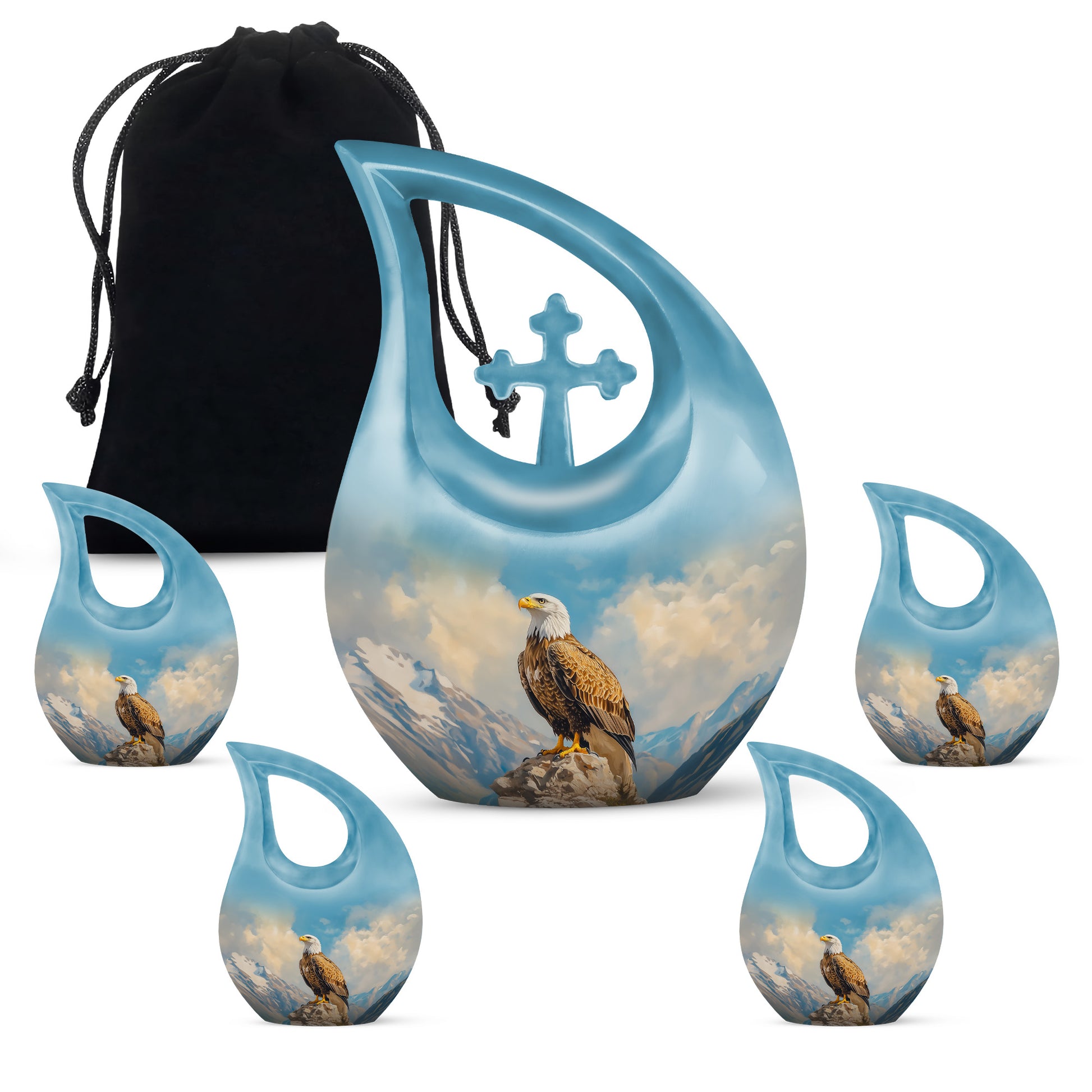 Slate Blue Eagle Cremation Urn urn with complimentary velvet bag - cross and eagle combined in spiritual memorial design - memorial set with one large and four small urns
