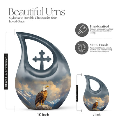 Steel Blue Eagle Cremation Urn back view with polished surface - faith-inspired cross-drop urn with eagle pattern - mini keepsake memorial for portion of cremation ashes