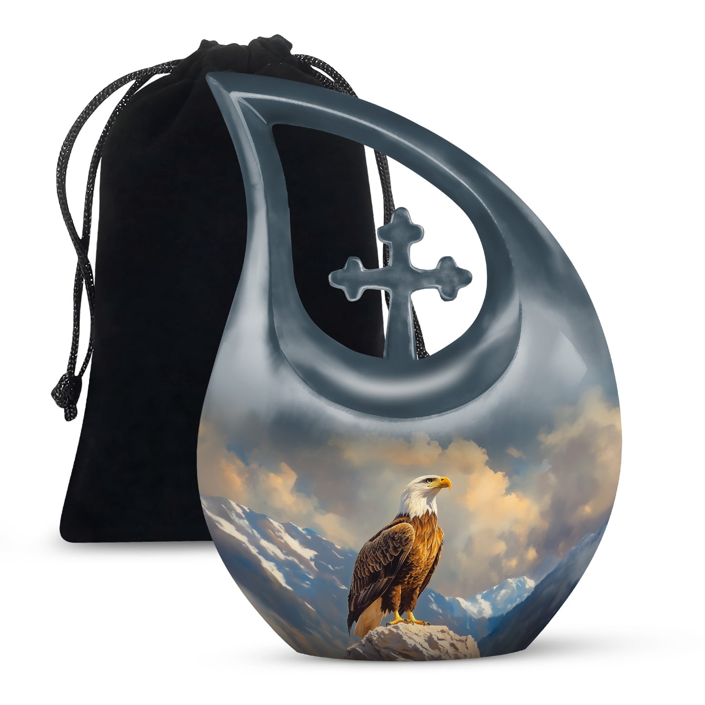 Icy Blue Eagle Cremation Urn top-down view of secure threaded lid - sacred cross merged with eagle motif on metal - full-size 10 inch 200 cubic inch adult cremation urn