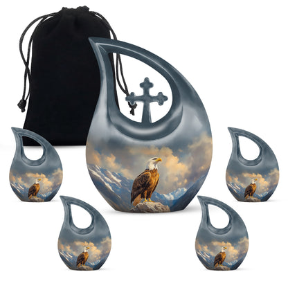 Dusty Blue Eagle Cremation Urn urn with complimentary velvet bag - cross and eagle combined in spiritual memorial design - memorial set with one large and four small urns