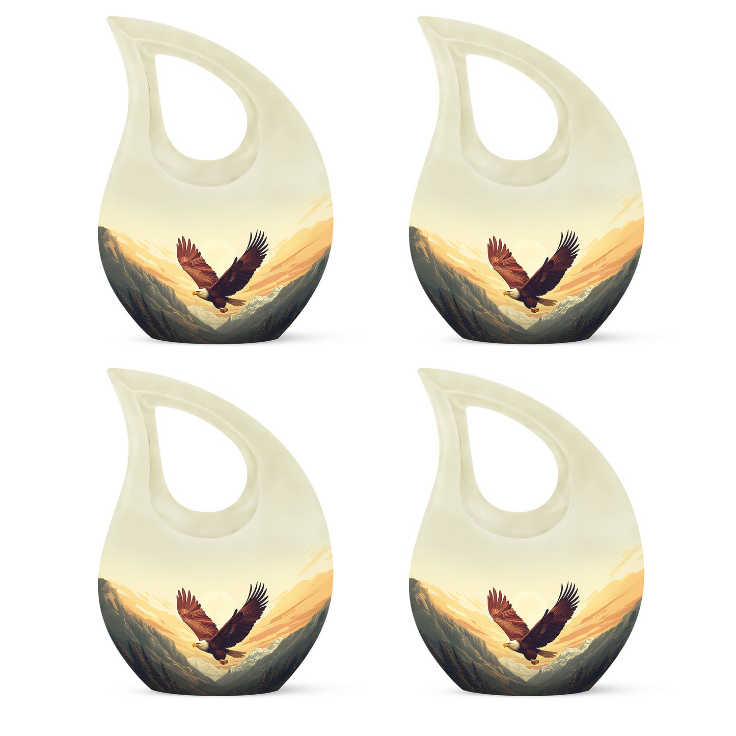 Harvest Gold Eagle Cremation Urn lifestyle display on memorial shelf - faith-inspired cross-drop urn with eagle pattern - 10 inch aluminum urn for cremated remains