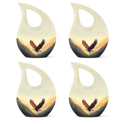 Harvest Gold Eagle Cremation Urn lifestyle display on memorial shelf - faith-inspired cross-drop urn with eagle pattern - 10 inch aluminum urn for cremated remains