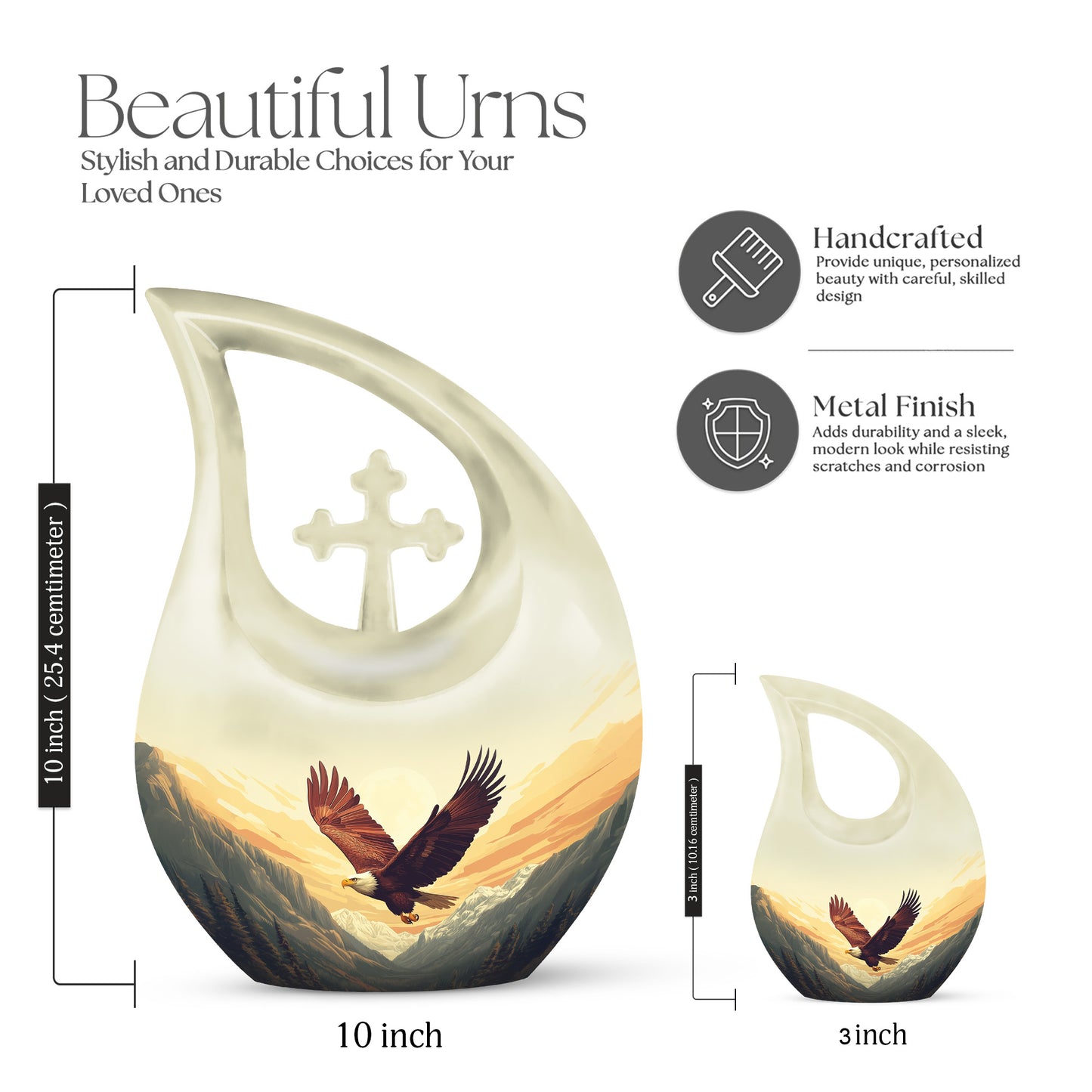 Amber Gold Eagle Cremation Urn back view with polished surface - cross and eagle combined in spiritual memorial design - mini keepsake memorial for portion of cremation ashes