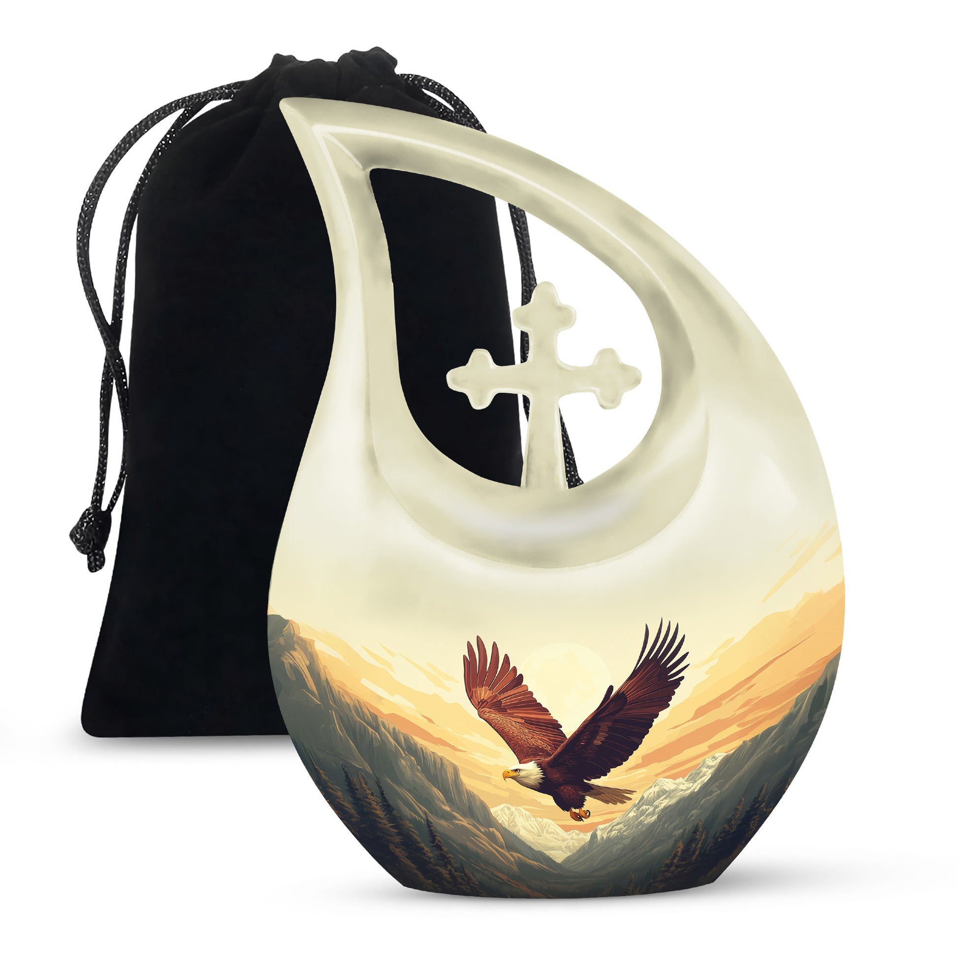 Harvest Gold Eagle Cremation Urn top-down view of secure threaded lid - devotional cross-drop eagle engraving - full-size 10 inch 200 cubic inch adult cremation urn
