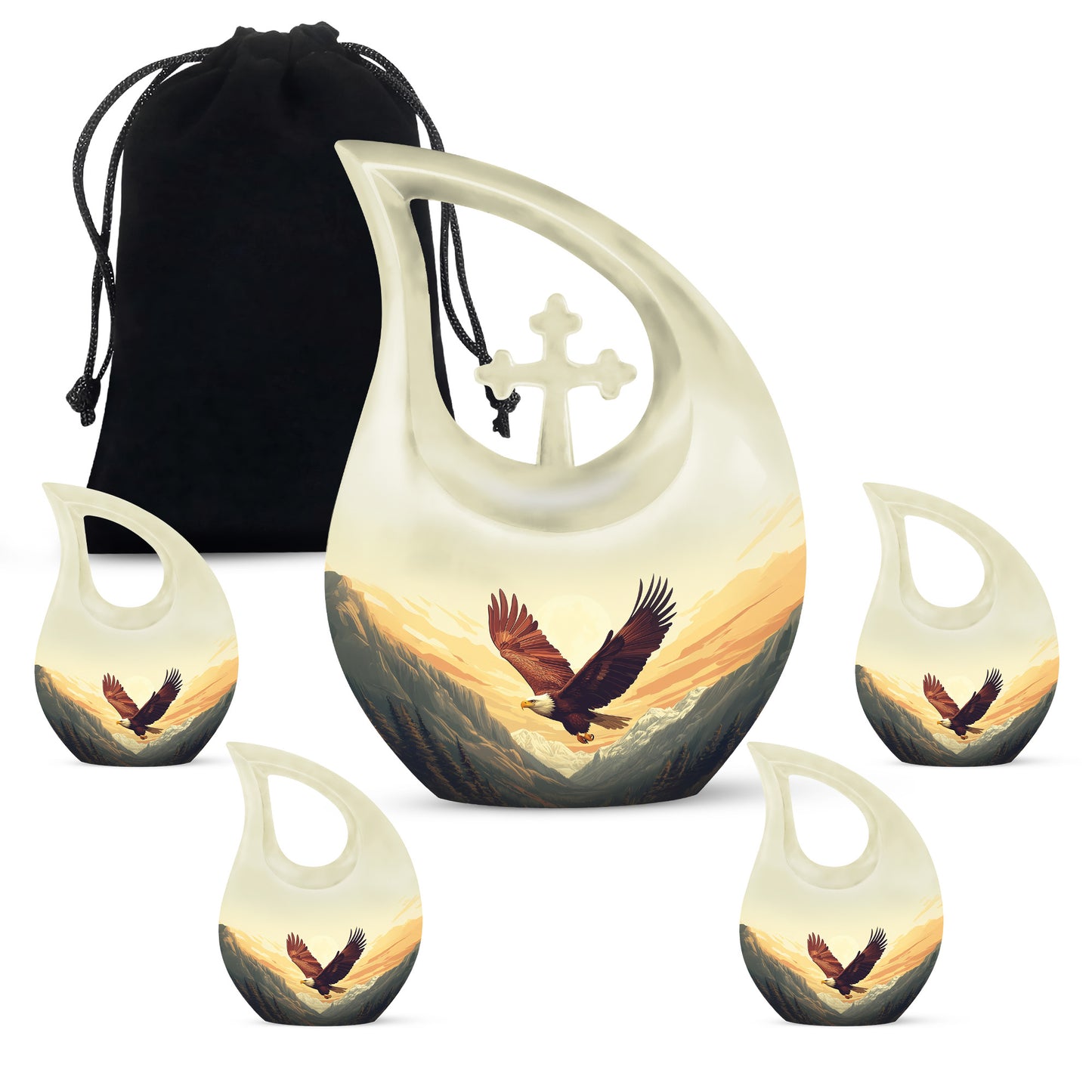 Gilded Gold Eagle Cremation Urn urn with complimentary velvet bag - sacred cross merged with eagle motif on metal - memorial set with one large and four small urns
