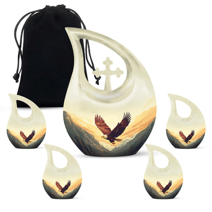 Gilded Gold Eagle Cremation Urn urn with complimentary velvet bag - sacred cross merged with eagle motif on metal - memorial set with one large and four small urns