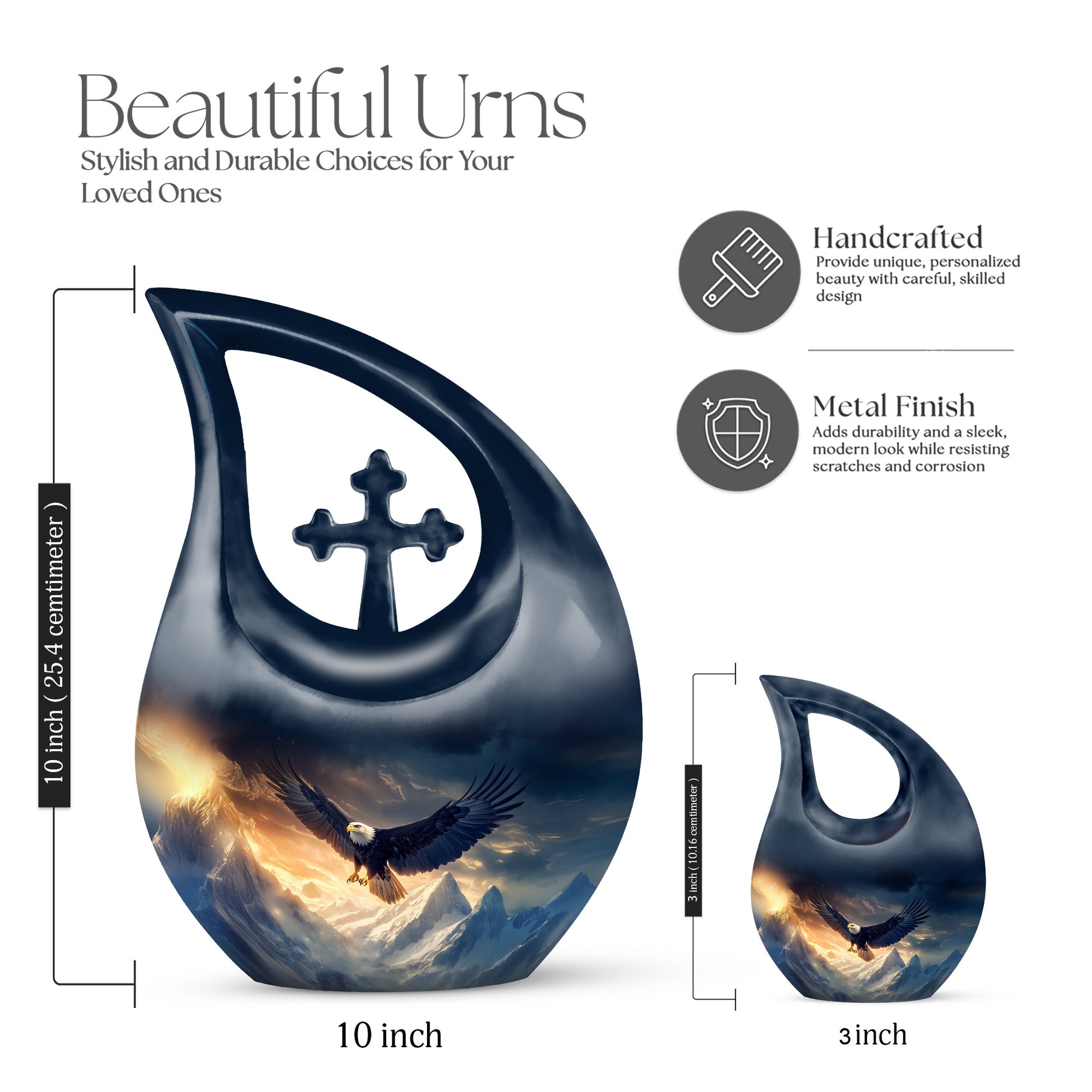 Soft Blue Eagle Cremation Urn back view with polished surface - devotional cross-drop eagle engraving - mini keepsake memorial for portion of cremation ashes