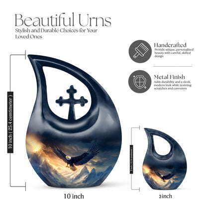 Soft Blue Eagle Cremation Urn back view with polished surface - devotional cross-drop eagle engraving - mini keepsake memorial for portion of cremation ashes