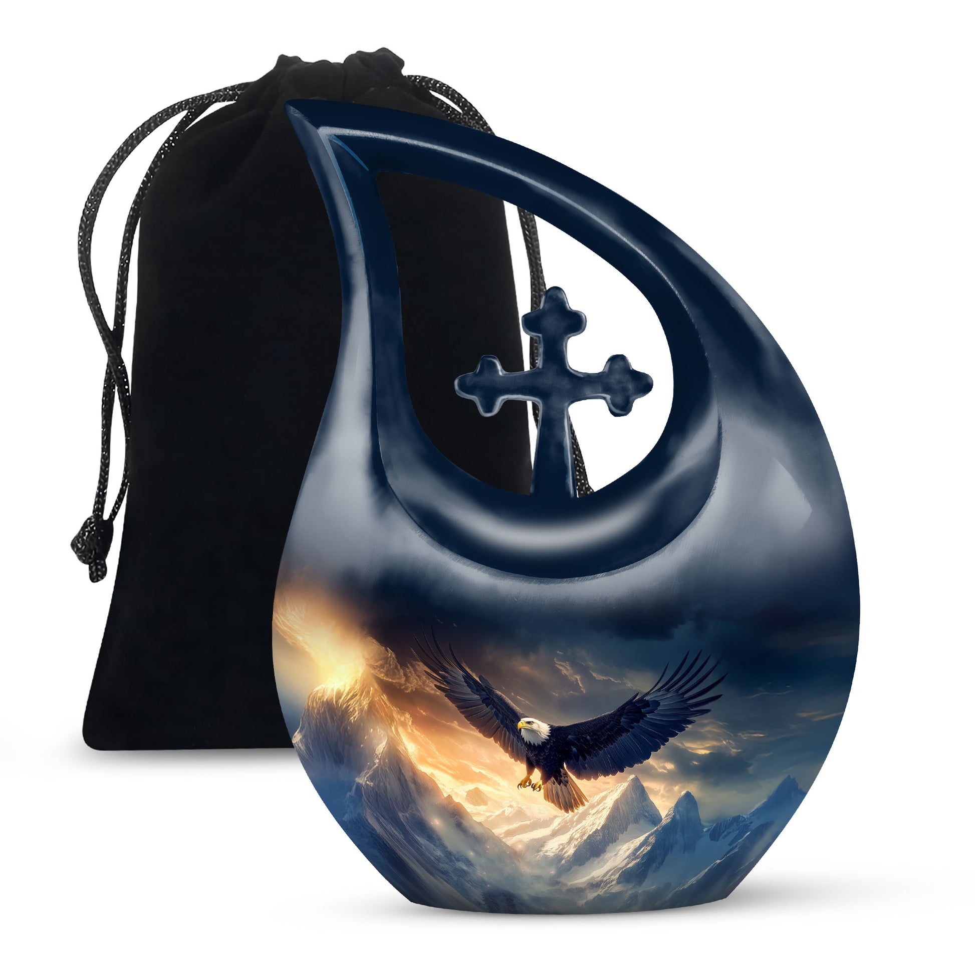 Sapphire Blue Eagle Cremation Urn top-down view of secure threaded lid - devotional cross-drop eagle engraving - full-size 10 inch 200 cubic inch adult cremation urn