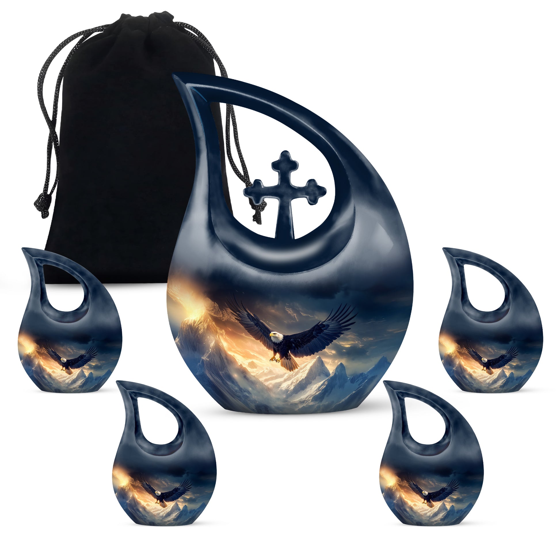 Azure Eagle Cremation Urn urn with complimentary velvet bag - sacred cross merged with eagle motif on metal - memorial set with one large and four small urns