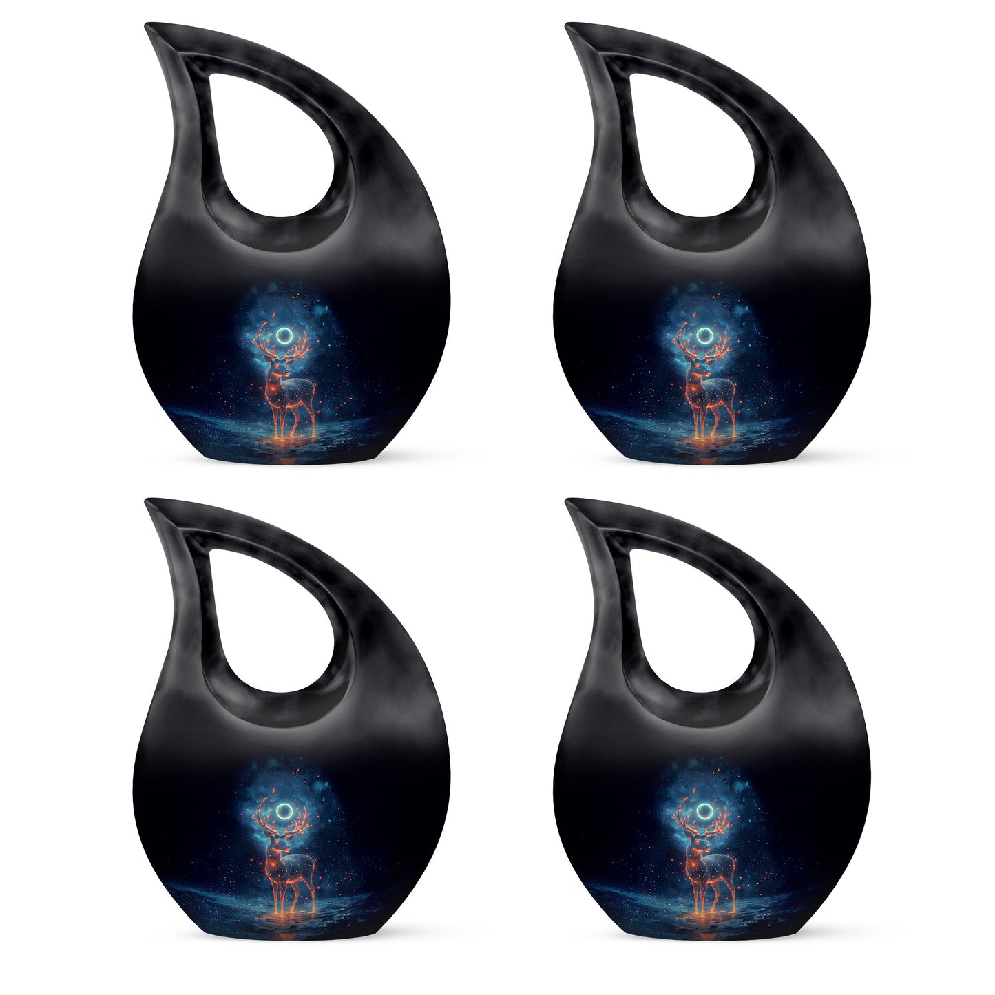 Deep Black Deer Cremation Urn lifestyle display on memorial shelf - cross and deer combined in spiritual memorial design - 10 inch aluminum urn for cremated remains