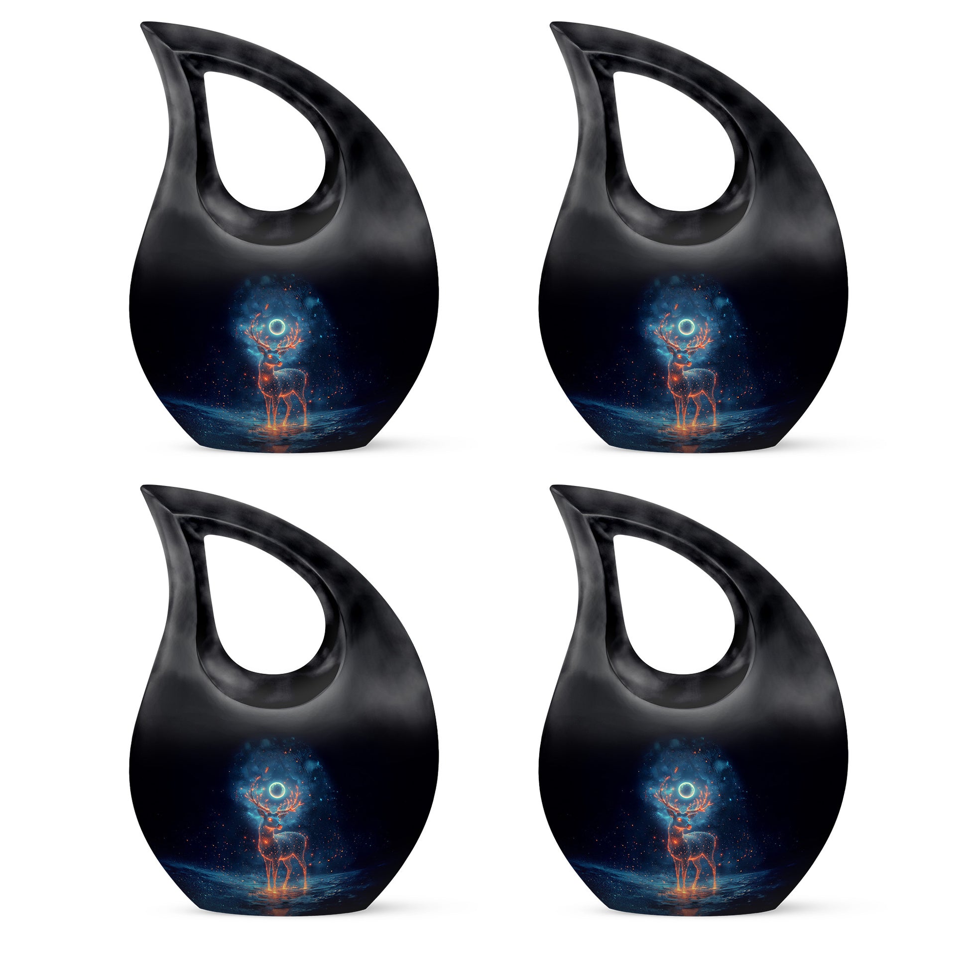 Deep Black Deer Cremation Urn lifestyle display on memorial shelf - cross and deer combined in spiritual memorial design - 10 inch aluminum urn for cremated remains