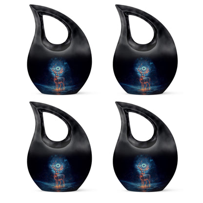 Deep Black Deer Cremation Urn lifestyle display on memorial shelf - cross and deer combined in spiritual memorial design - 10 inch aluminum urn for cremated remains