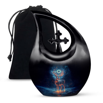 Onyx Black Deer Cremation Urn top-down view of secure threaded lid - devotional cross-drop deer engraving - full-size 10 inch 200 cubic inch adult cremation urn