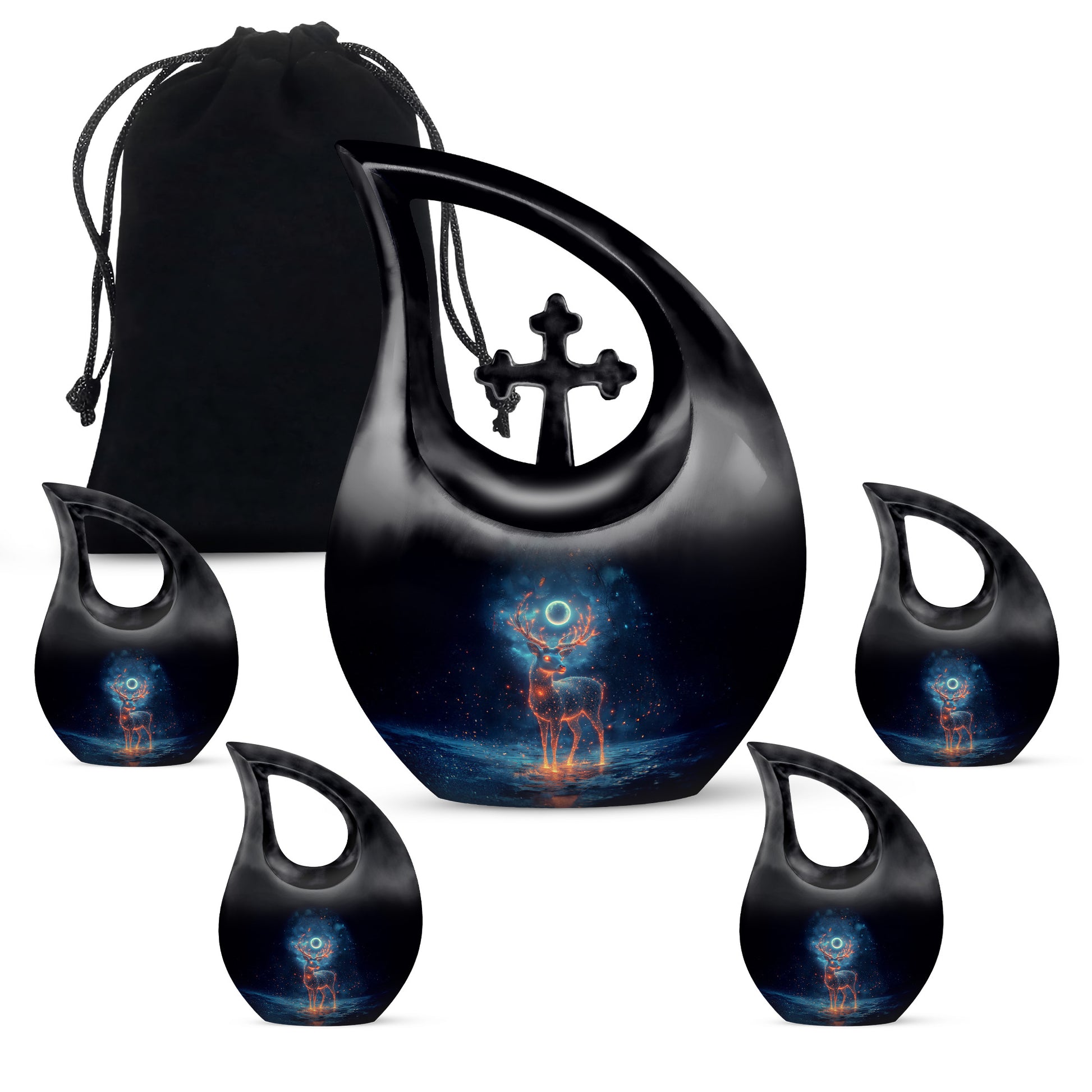 Ebony Deer Cremation Urn urn with complimentary velvet bag - cross and deer combined in spiritual memorial design - memorial set with one large and four small urns