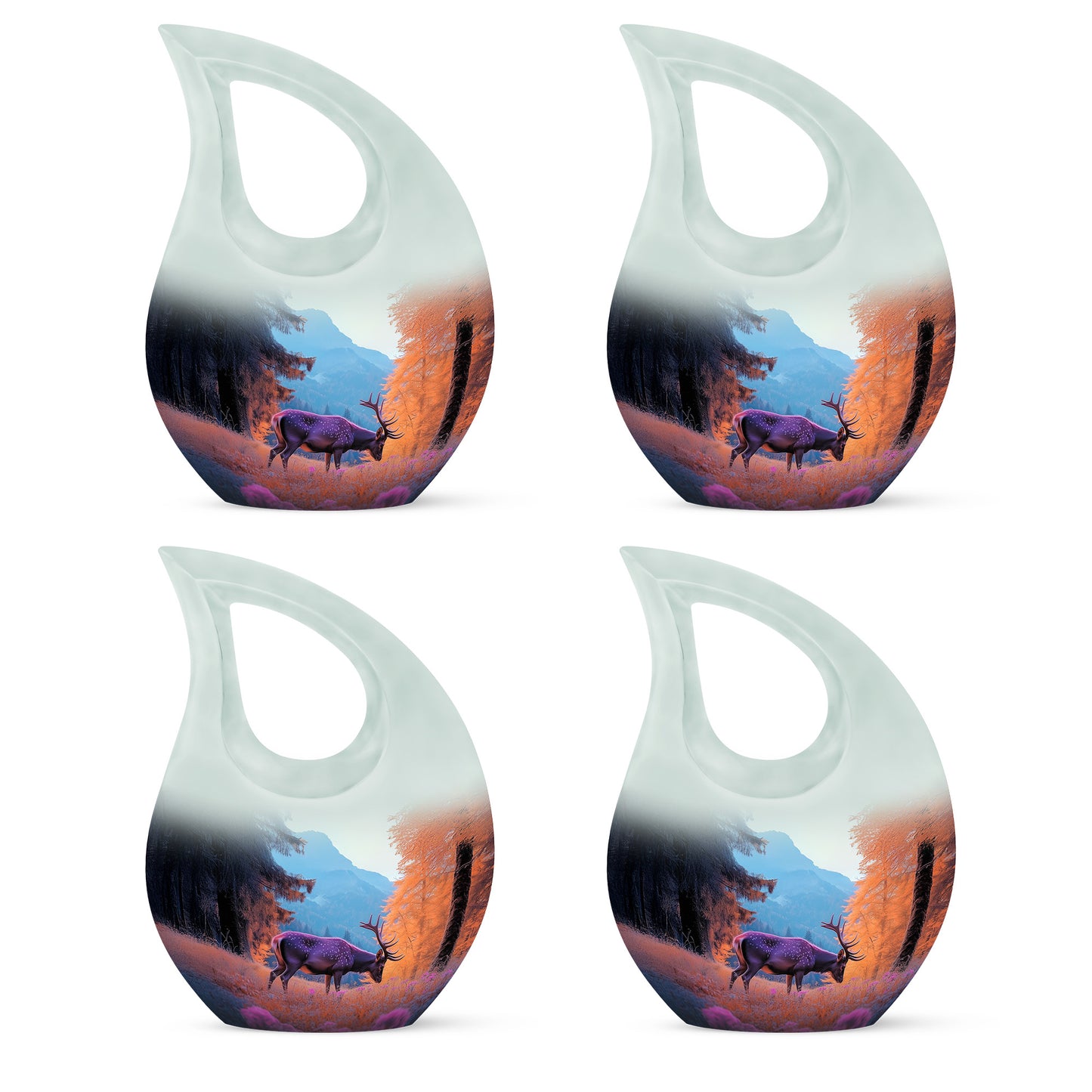 Powder Blue Deer Cremation Urn lifestyle display on memorial shelf - cross and deer combined in spiritual memorial design - 10 inch aluminum urn for cremated remains