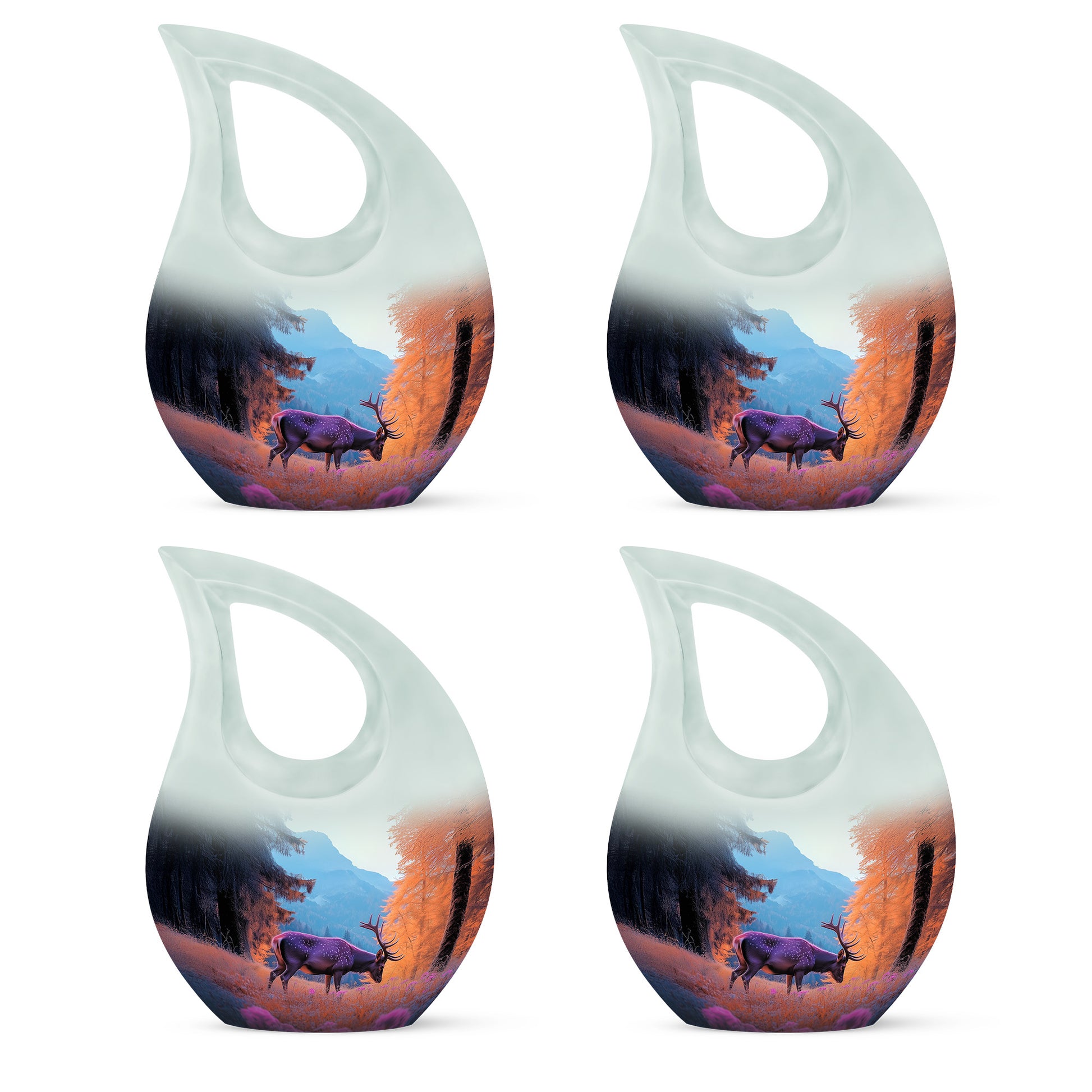 Powder Blue Deer Cremation Urn lifestyle display on memorial shelf - cross and deer combined in spiritual memorial design - 10 inch aluminum urn for cremated remains