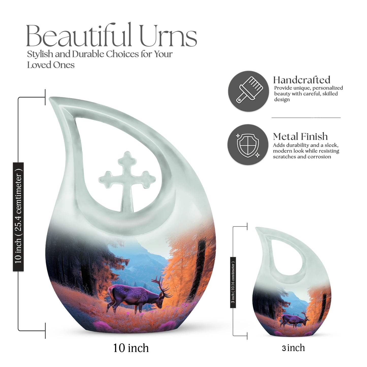 Misty Blue Deer Cremation Urn back view with polished surface - sacred cross merged with deer motif on metal - mini keepsake memorial for portion of cremation ashes