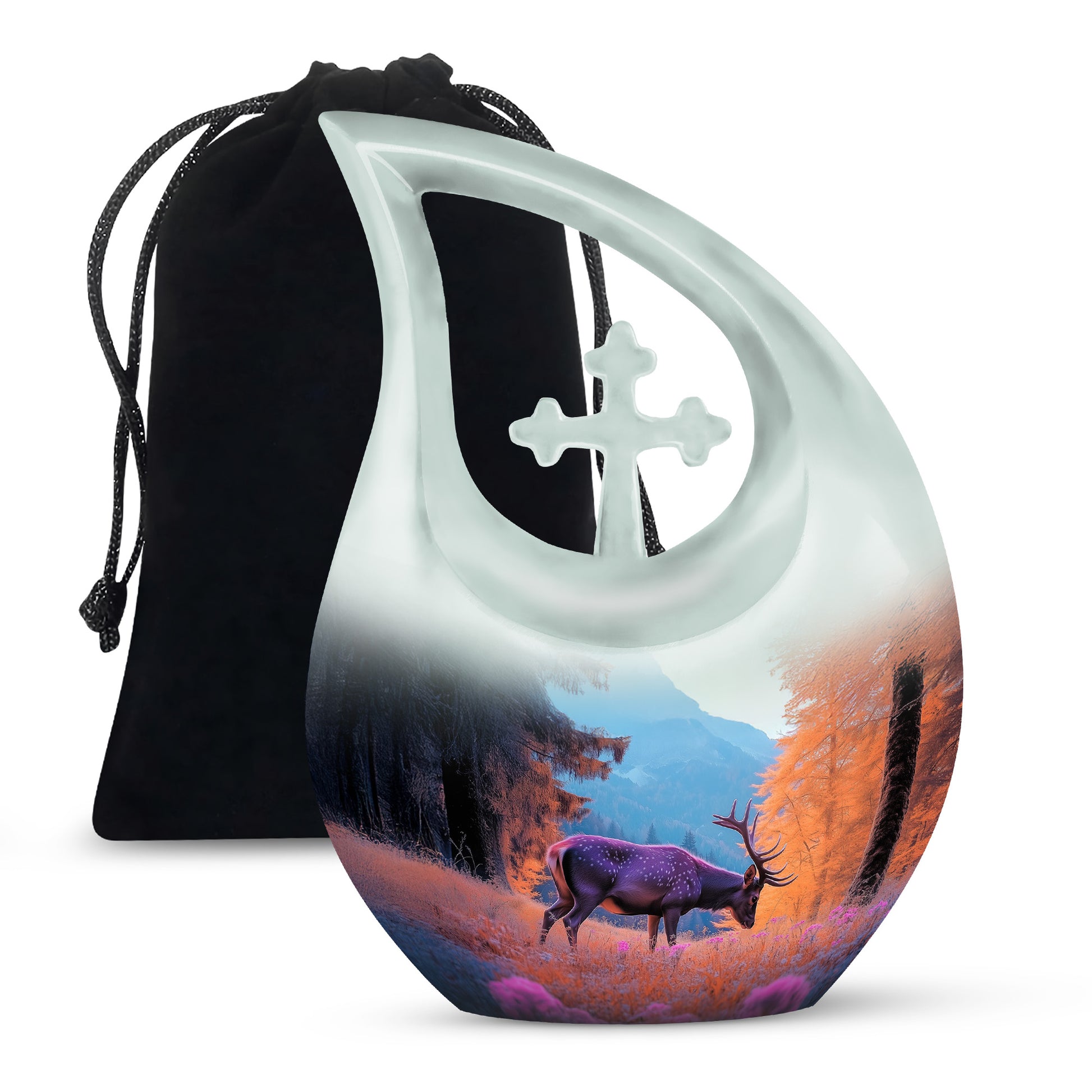 Icy Blue Deer Cremation Urn top-down view of secure threaded lid - sacred cross merged with deer motif on metal - full-size 10 inch 200 cubic inch adult cremation urn