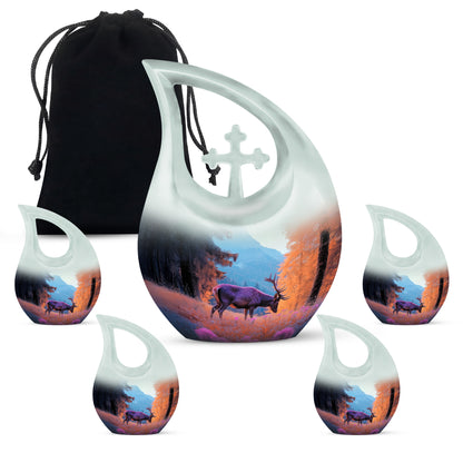 Bright Blue Deer Cremation Urn urn with complimentary velvet bag - devotional cross-drop deer engraving - memorial set with one large and four small urns