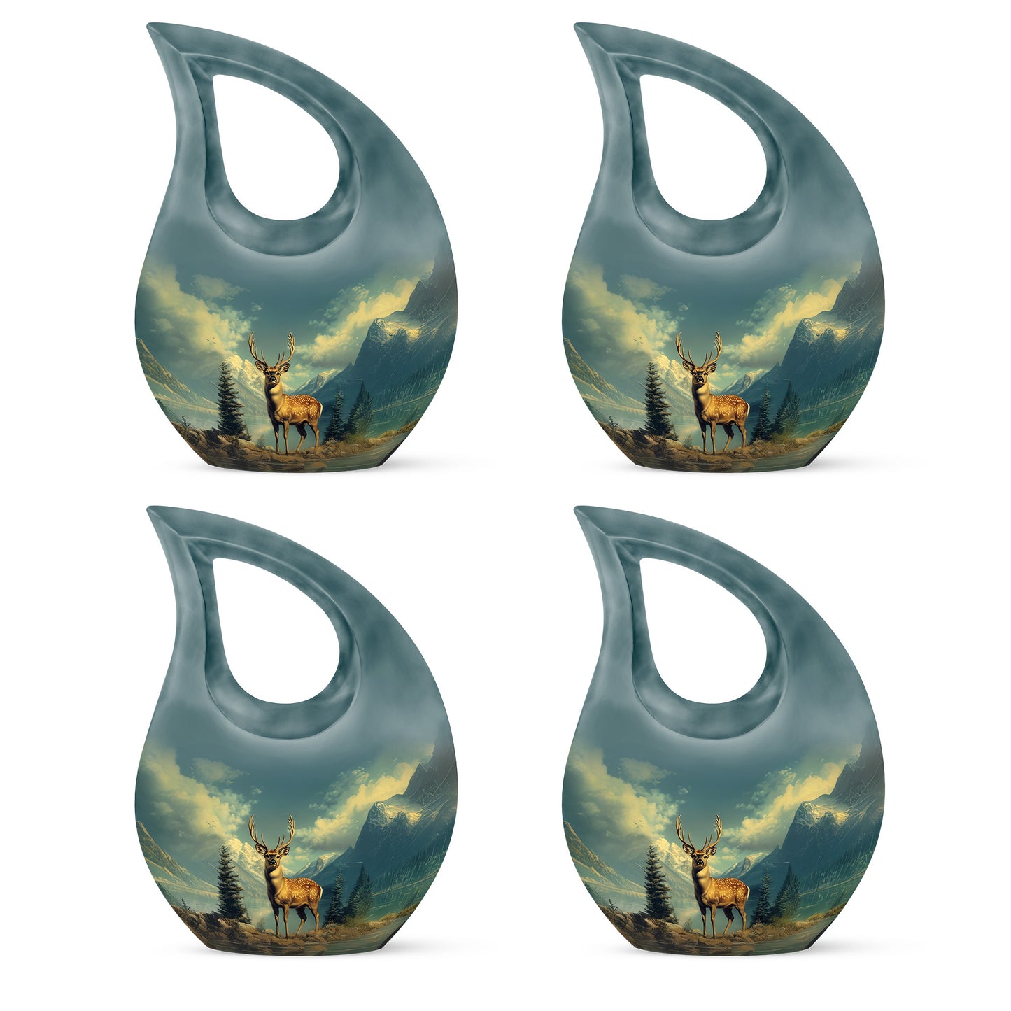 Sea Green Teal Deer Cremation Urn lifestyle display on memorial shelf - sacred cross merged with deer motif on metal - 10 inch aluminum urn for cremated remains