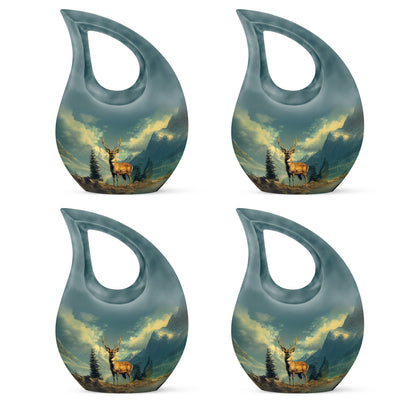 Sea Green Teal Deer Cremation Urn lifestyle display on memorial shelf - sacred cross merged with deer motif on metal - 10 inch aluminum urn for cremated remains