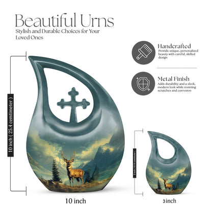 Vivid Teal Deer Cremation Urn back view with polished surface - faith-inspired cross-drop urn with deer pattern - mini keepsake memorial for portion of cremation ashes