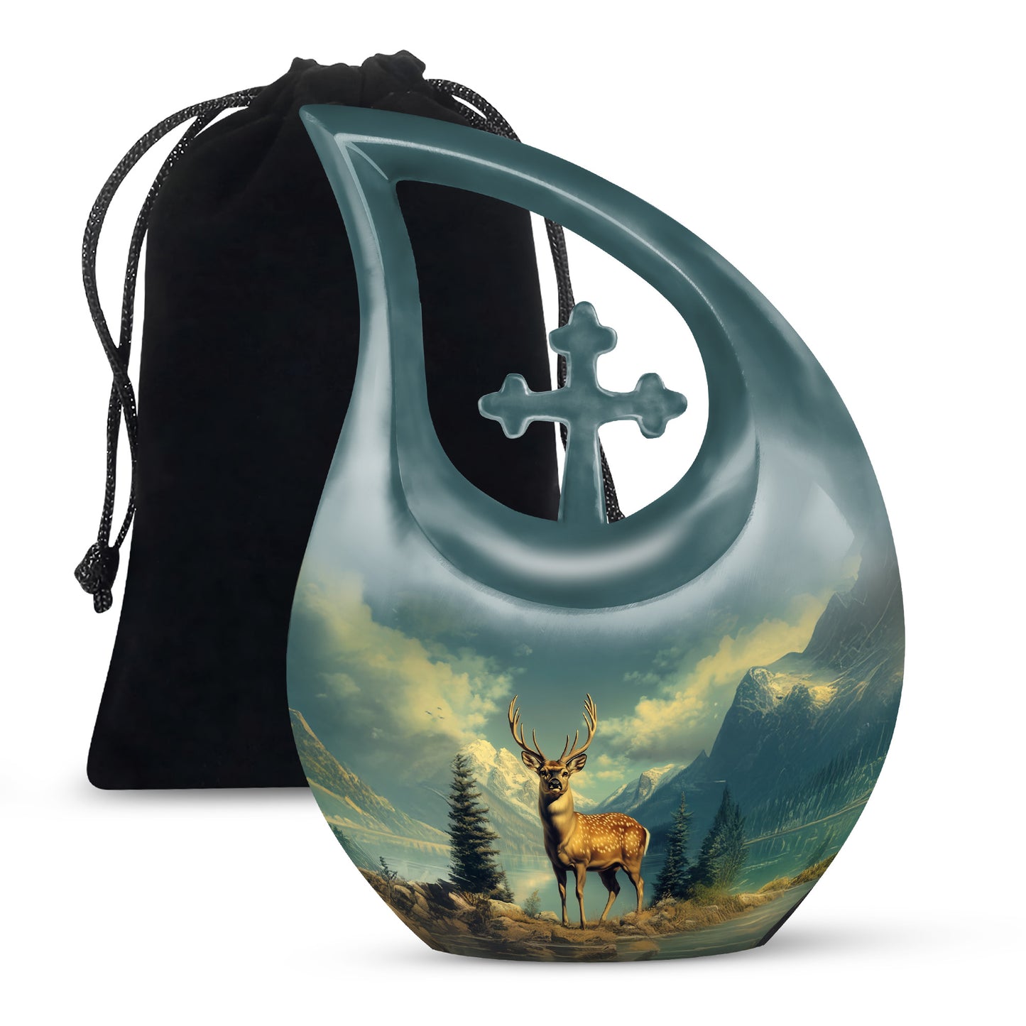 Vivid Teal Deer Cremation Urn top-down view of secure threaded lid - faith-inspired cross-drop urn with deer pattern - full-size 10 inch 200 cubic inch adult cremation urn