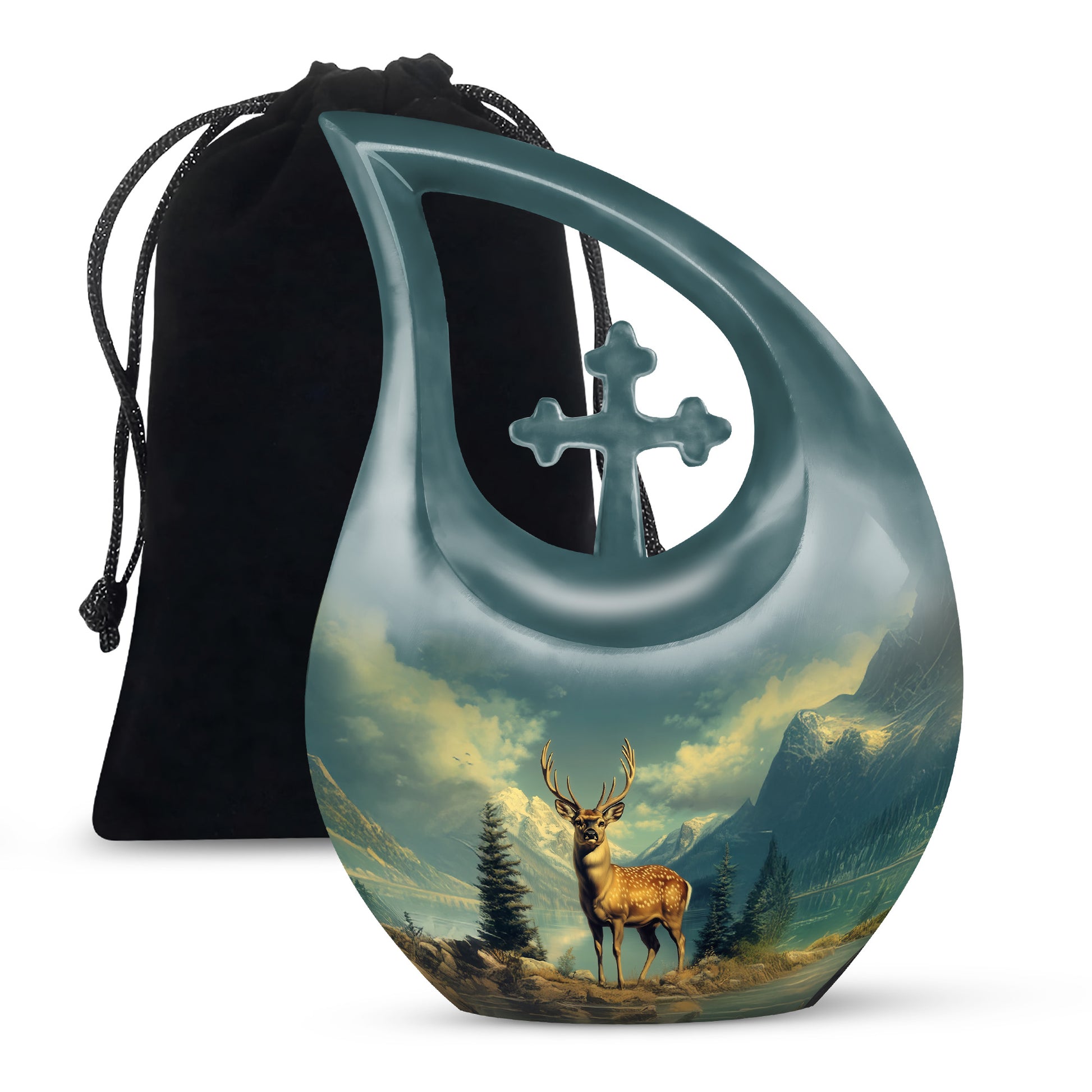 Vivid Teal Deer Cremation Urn top-down view of secure threaded lid - faith-inspired cross-drop urn with deer pattern - full-size 10 inch 200 cubic inch adult cremation urn
