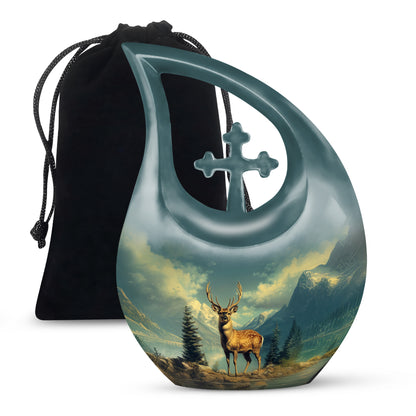 Vivid Teal Deer Cremation Urn top-down view of secure threaded lid - faith-inspired cross-drop urn with deer pattern - full-size 10 inch 200 cubic inch adult cremation urn