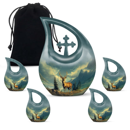Aqua Teal Deer Cremation Urn urn with complimentary velvet bag - devotional cross-drop deer engraving - memorial set with one large and four small urns