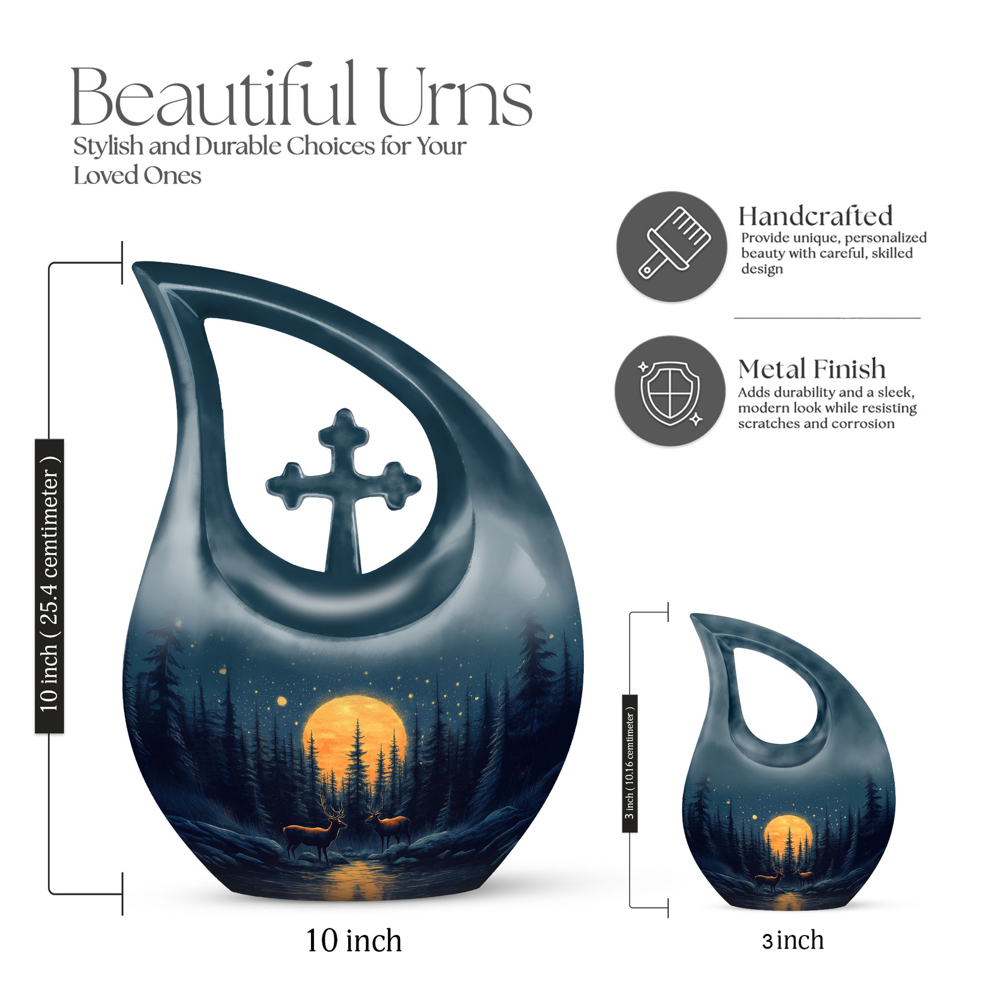 Navy Blue Deer Cremation Urn back view with polished surface - cross and deer combined in spiritual memorial design - mini keepsake memorial for portion of cremation ashes