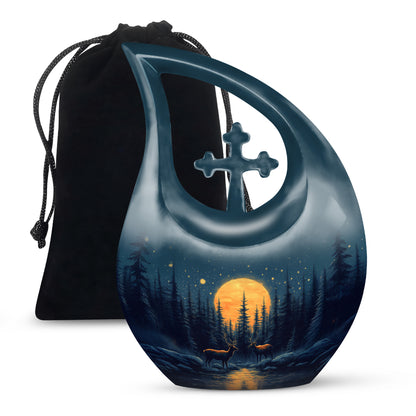 Soft Blue Deer Cremation Urn top-down view of secure threaded lid - faith-inspired cross-drop urn with deer pattern - full-size 10 inch 200 cubic inch adult cremation urn