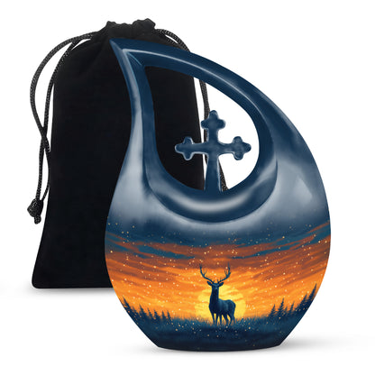 Twilight Blue Deer Cremation Urn top-down view of secure threaded lid - devotional cross-drop deer engraving - full-size 10 inch 200 cubic inch adult cremation urn