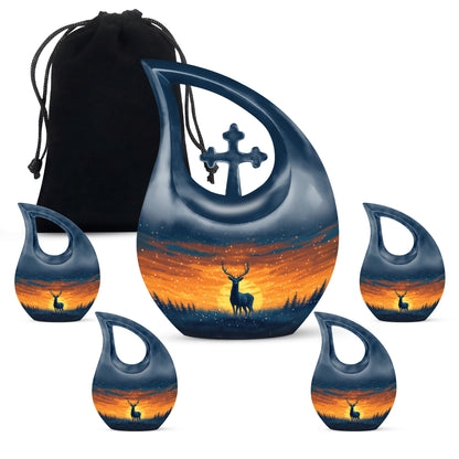 Vivid Blue Deer Cremation Urn urn with complimentary velvet bag - devotional cross-drop deer engraving - memorial set with one large and four small urns