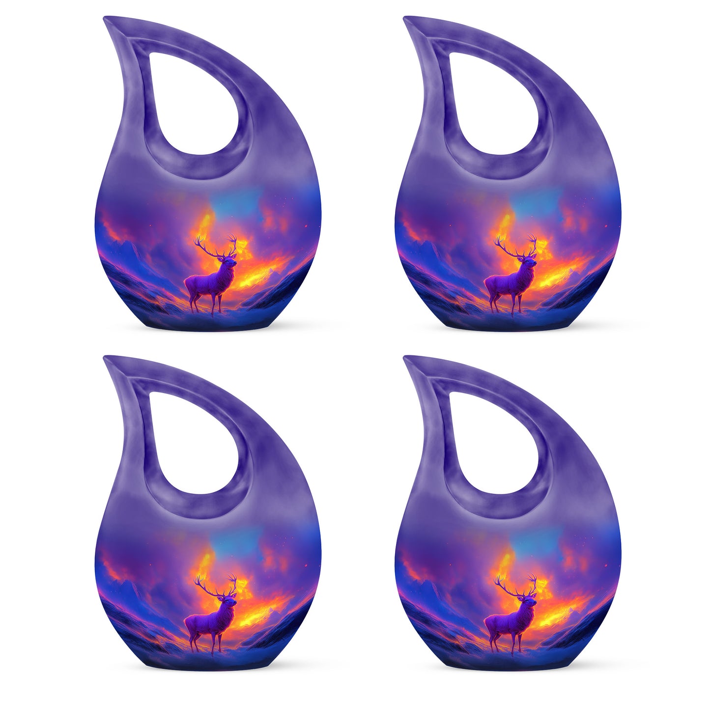 Twilight Purple Deer Cremation Urn lifestyle display on memorial shelf - devotional cross-drop deer engraving - 10 inch aluminum urn for cremated remains