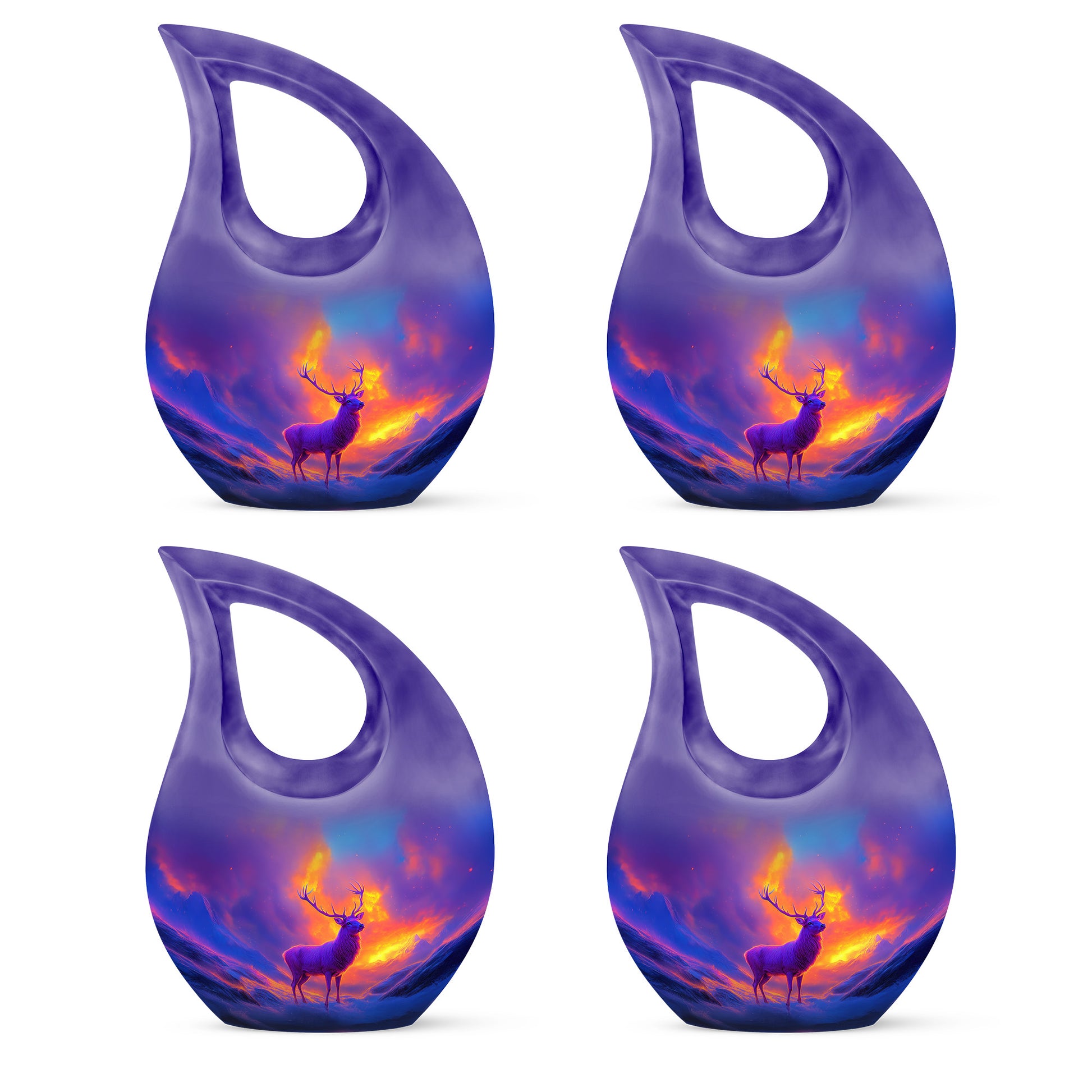 Twilight Purple Deer Cremation Urn lifestyle display on memorial shelf - devotional cross-drop deer engraving - 10 inch aluminum urn for cremated remains