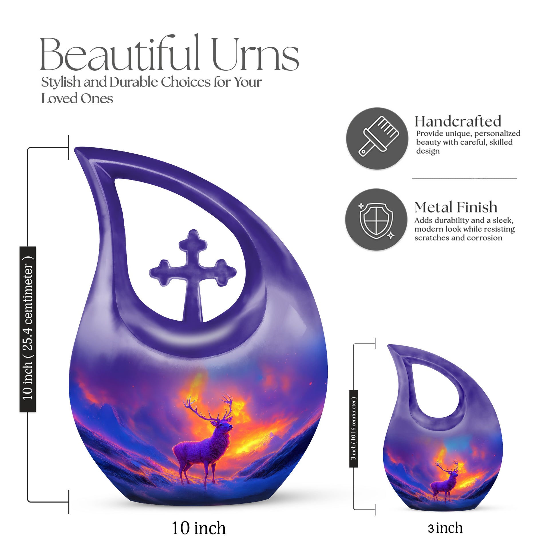 Amethyst Purple Deer Cremation Urn back view with polished surface - sacred cross merged with deer motif on metal - mini keepsake memorial for portion of cremation ashes