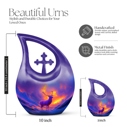 Amethyst Purple Deer Cremation Urn back view with polished surface - sacred cross merged with deer motif on metal - mini keepsake memorial for portion of cremation ashes